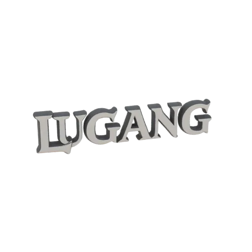 3D model of LUGANG sign in silver metal, merged letters, frameless, on white background