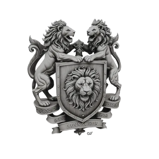 Modelo 3D de un emblema heráldico con dos leones flanqueando un escudo con rostro de león y una banda.