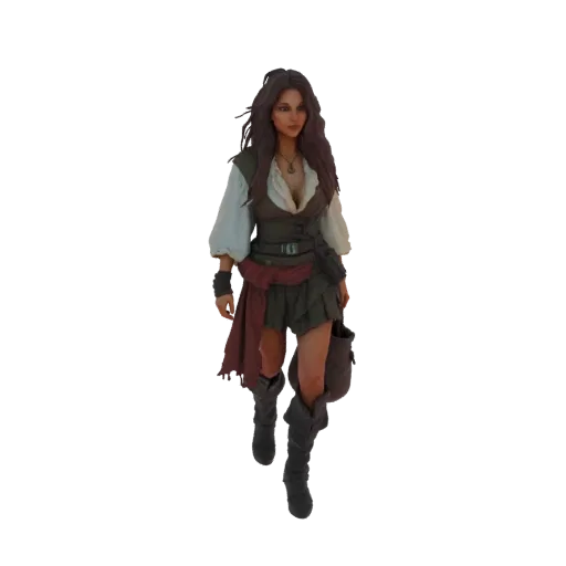3D model of a female pirate with long brown hair, wearing a white shirt, green skirt, and tall boots, in a walking pose.