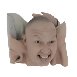 3D model of a man's bald head with a wide, manic grin, tongue sticking out, and hands behind his head, against a white backgr