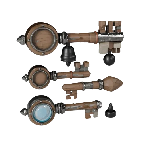 Cursed Loot Key Low Poly 3D model, game viewport three-quarter view, showing aged wood, clear pickup silhouette.