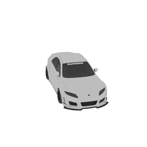 3D model of a white hatchback car with a black FANDEM banner on the windshield, viewed from a slightly elevated front angle.