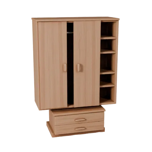 Floating Wardrobe 3D model, bedroom, three-quarter front view, Unity viewport, painted wood detail.