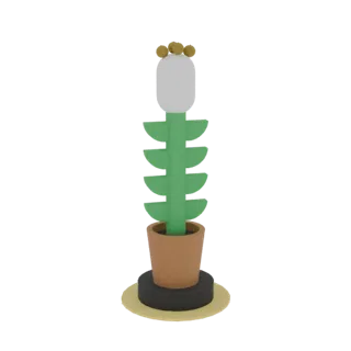 Rendu 3D d'un cactus stylisé en pot avec une fleur blanche et des accents dorés, présenté sur une base sableuse.