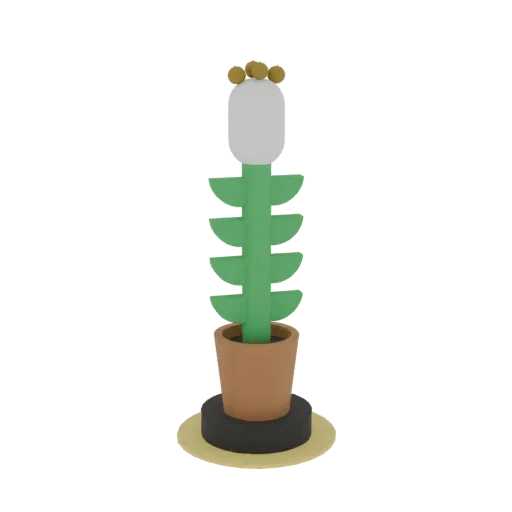 A 3D render of a stylized potted cactus with a white flower and golden accents, presented on a sandy base.