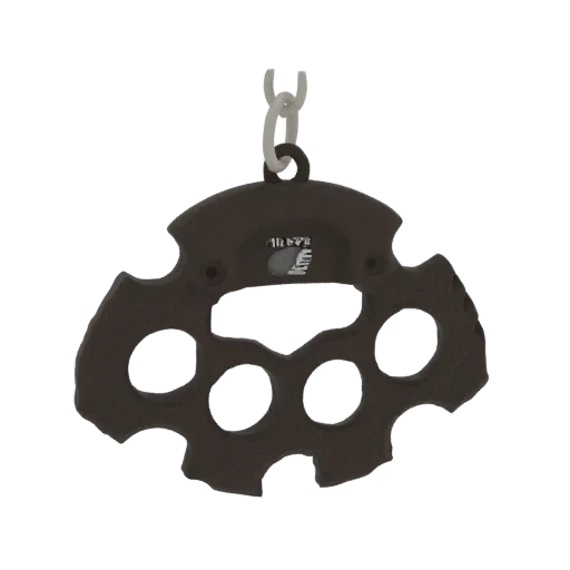 3D model render of a dark metallic brass knuckles keychain with a white chain loop, isolated on a white background.