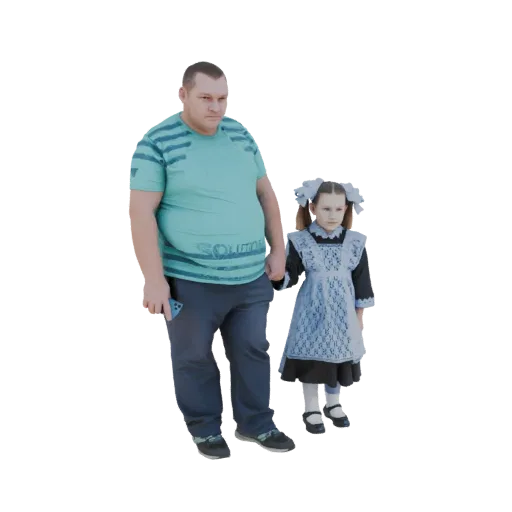 3D model of a father holding his daughter's hand, the daughter is wearing a blue school uniform with white ribbons in her hai