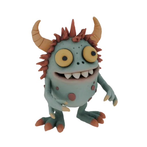 A 3D render of a whimsical, light blue clay monster figurine with large yellow eyes, orange horns, and a friendly smile, set