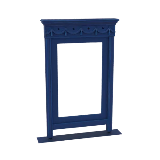 A 3D render of an ornate, dark blue fireplace mantelpiece with a decorative garland across the top, set against a white backg