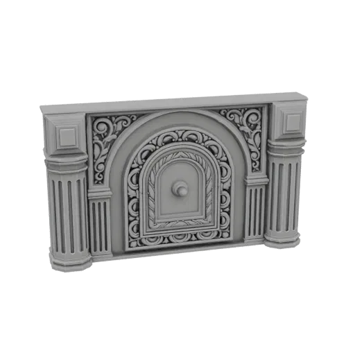 Modelo 3D de uma arcada ornamentada com colunas caneladas e entalhes intrincados, apresentado contra um fundo preto.