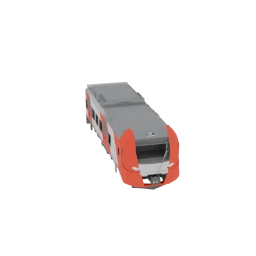 Um modelo 3D de um trem elétrico moderno, apresentando um esquema de cores vermelho e cinza com um design aerodinâmico.