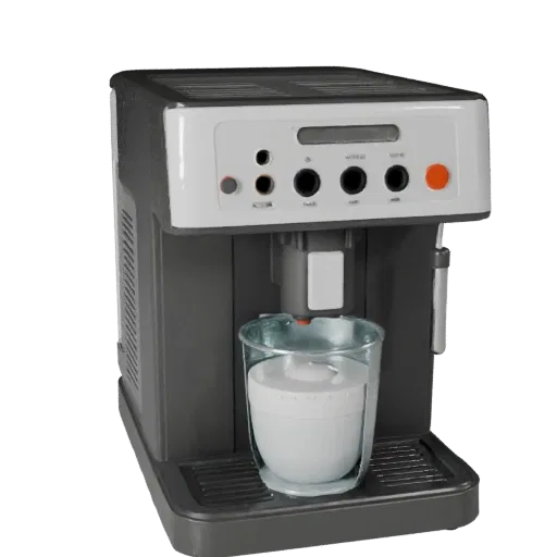 Retro Coffee Machine 3D model, dining room, three-quarter front view, Unreal Engine viewport, plastic detail.