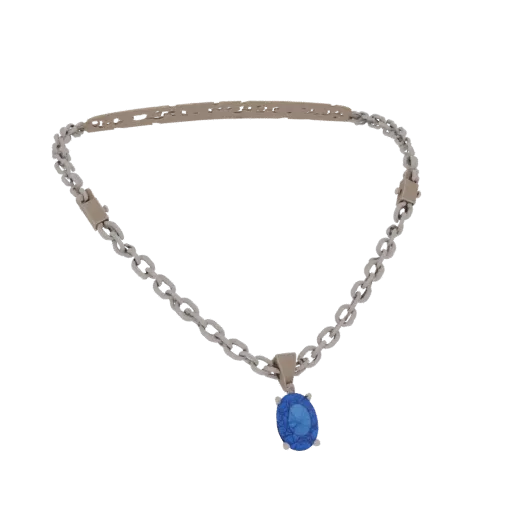 Sapphire Necklace product viz 3D model, top-down studio render, with clean topology and PBR shading on the necklace.
