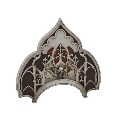 Modelo 3D de arcada gótica com emblema de caveira e asas, apresentando detalhes escuros, metálicos e vermelhos.