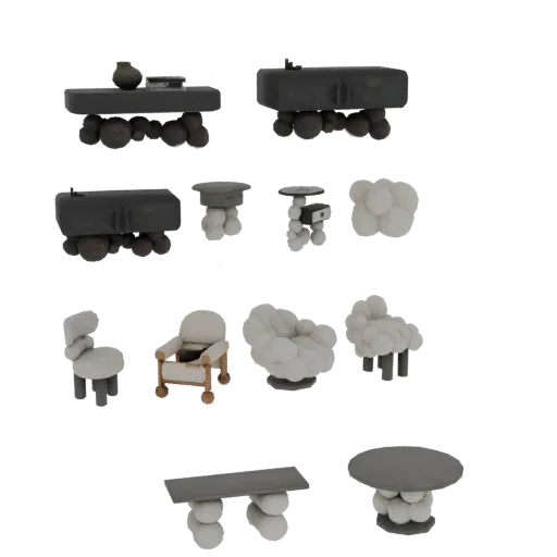 3D model render of a modern furniture set with organic, pebble-shaped bases and rounded seating, including a coffee table and