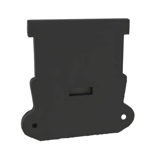 A 3D render of a black industrial DIN rail mount clip with a central slot and two mounting holes, presented on a black background.