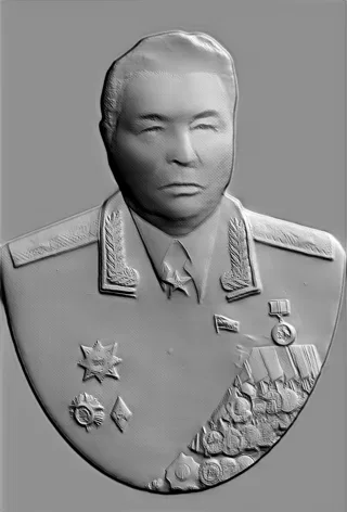 Modello 3D di bassorilievo di un comandante sovietico in uniforme militare con ordini e medaglie