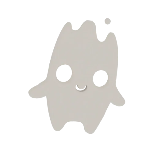 Uma renderização 3D de um personagem fantasma fofo, cinza claro, com grandes olhos pretos e boca sorridente, contra um fundo
