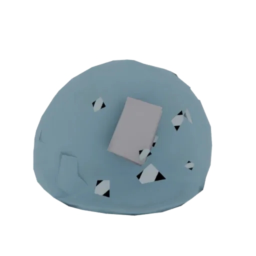 3D render of a cracked light blue plate with a pink notebook placed in the center, against a black background.
