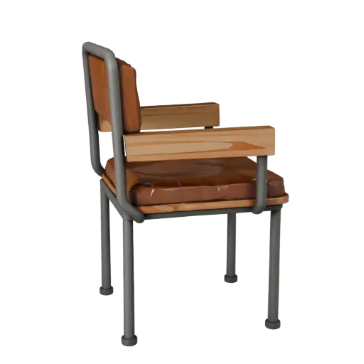 Industrial Accent Chair Low Poly 3D model, home interior, game viewport three-quarter view, wood detail.