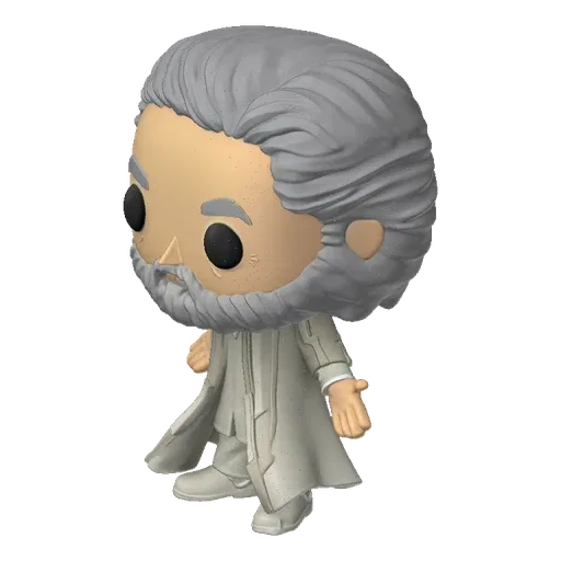 3D model of a wise old man character in the style of a Funko Pop vinyl figure, with white hair and beard, wearing a coat.