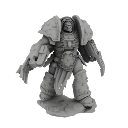 3D model of a heavily armored warrior with a large mechanical gauntlet, standing on a rocky base, rendered in grayscale.