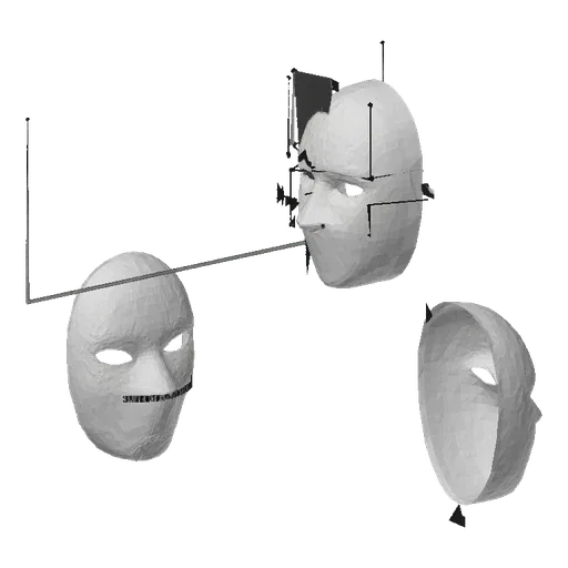 A 3D render of a white mask broken into pieces, with abstract black markings on its surface, set against a dark background.