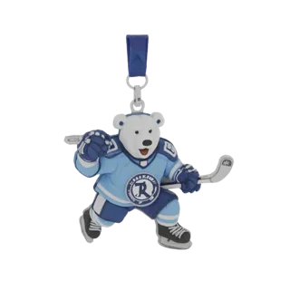 3D-Modell Weihnachtsdekoration: Eisbär in Traktor-Hockeyuniform mit Schläger und Logo, auf Schlittschuhen, in Angriffshaltung