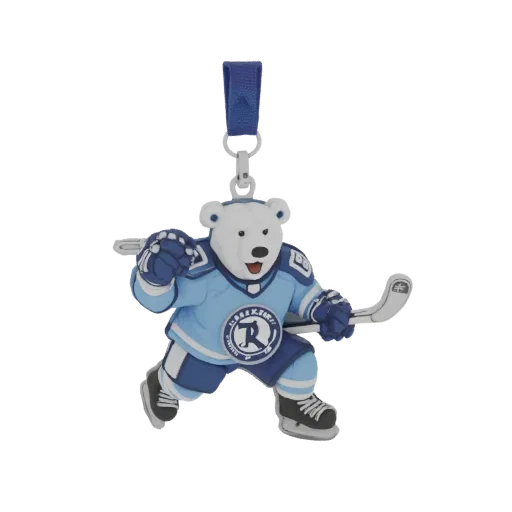 3D model of a New Year's toy: polar bear in Traktor team hockey uniform with stick and logo, on skates, in attacking pose, wi