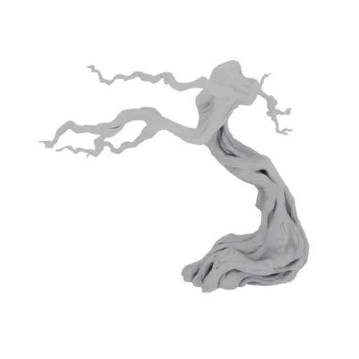 3D model of a gnarled, twisted ancient tree with leafless branches against a white background.