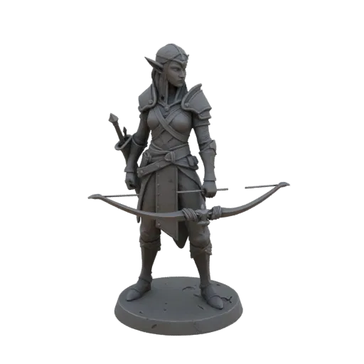 Fantasy Infernal Elf Ranger Miniatur STL, Drei-Viertel-Tabletop-Rendering, harzdruckbare Skirmish-Miniatur in stehender Pose;