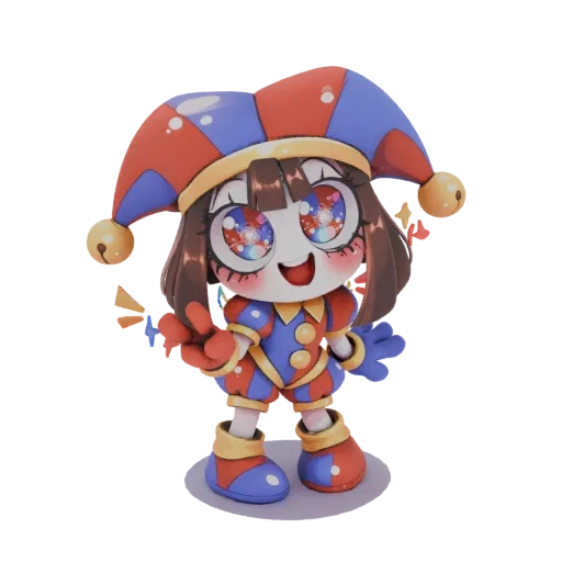 A 3D render of a cute chibi jester character with a red and blue costume, large colorful eyes, and a jester hat with bells.