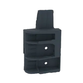 Modelo 3D de um conector de canto de plástico cinza escuro com múltiplos encaixes e furos de montagem, projetado para montage