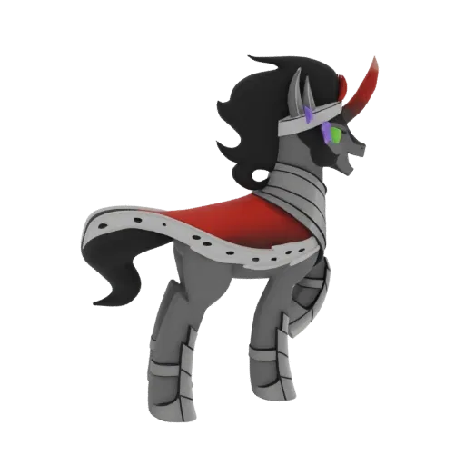 3D model of King Sombra, a dark unicorn character with silver armor and a red cape, shown in a side profile.