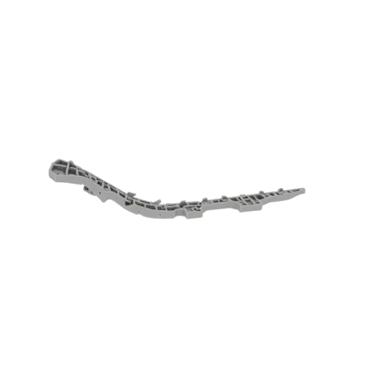 A 3D model of a gray, curved industrial support bracket with visible mounting holes and structural details, set against a bla