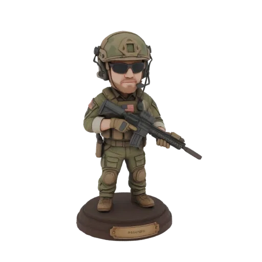 3D model of a tactical soldier bobblehead wearing a helmet and tactical gear, holding a rifle, on a display base.