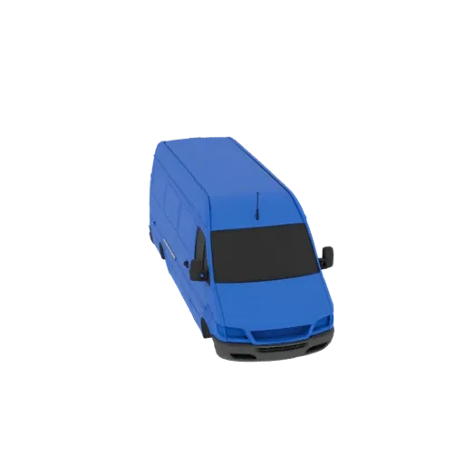 Un modello 3D di un furgone pannellato blu, visto da un'angolazione anteriore destra leggermente elevata su uno sfondo bianco