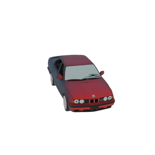 A 3D render of a red gradient BMW E34 sedan, viewed from a slightly elevated front-right angle, against a white background.