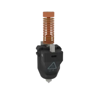 Modèle 3D d'un assemblage de hotend 0.4mm, montrant le ressort orange, le boîtier noir et la buse blanche avec un symbole d'a