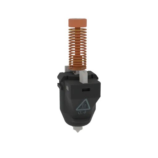 3D model of a 0.4mm hotend assembly, showing the orange spring, black housing, and white nozzle with a warning symbol.