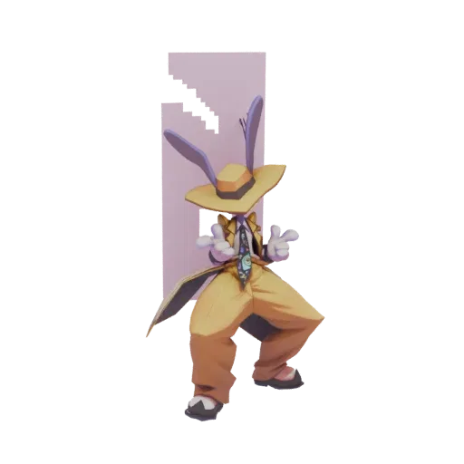 Modello 3D di un personaggio coniglio stilizzato con completo giallo, cappello e guanti, in posa sicura con le dita puntate.