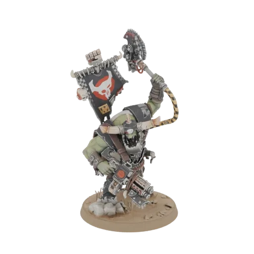 3D model render of a green-skinned Ork Warboss in armor, holding a large axe and a banner with a skull emblem, standing on a