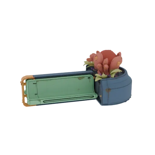 3D-Modell eines futuristischen blauen Pflanzgefäßes mit einem grünen, einziehbaren Fach, das außerirdische Flora mit orangefa