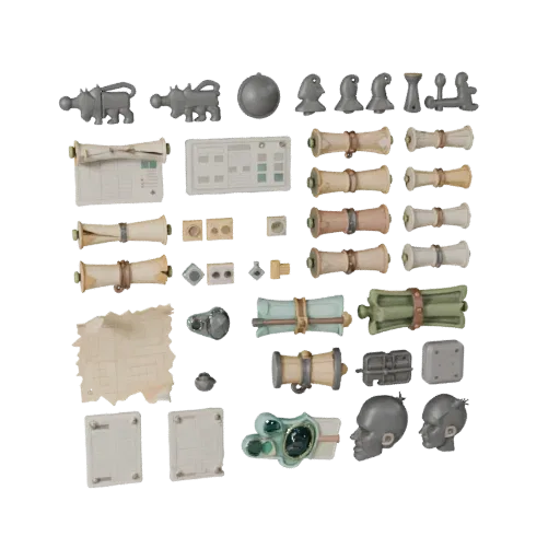 Workshop Scroll Bundle 3D-Modell, Dreiviertel-Frontansicht, Unity-Viewport, zeigt papierähnliche Karten, Formdetails.