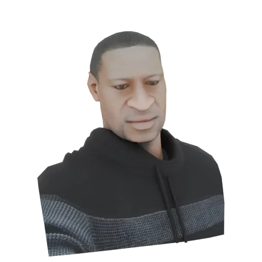 Render 3D de un busto de George Floyd vistiendo una sudadera oscura, con expresión neutral.