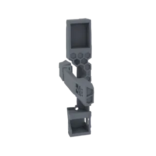 Modelo 3D de um braço robótico modular cinza com detalhes de junta hexagonal, mostrado sobre um fundo branco.