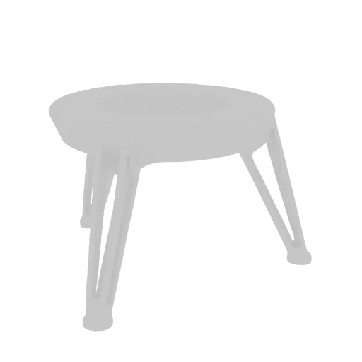 A 3D render of a minimalist white stool with four angled legs and a round seat, set against a black background.