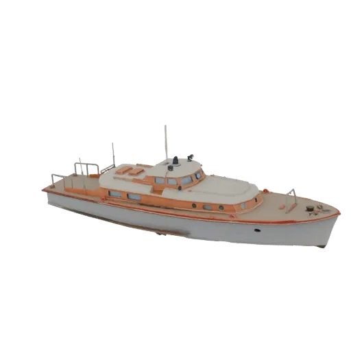 3D model of a classic motor yacht with a white hull and orange trim, viewed from a slight angle.
