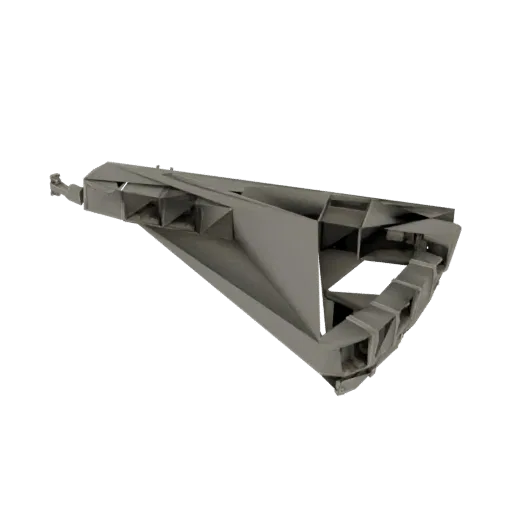 Modèle 3D d'une sculpture abstraite géométrique complexe avec des angles vifs et des plans imbriqués, rendu en gris mat.