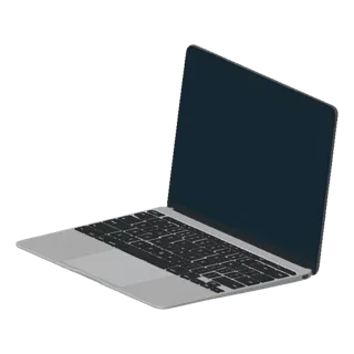 Un modello 3D di un laptop moderno a coperchio chiuso con schermo scuro e tastiera argentata, presentato su sfondo nero.